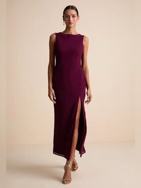 Lulus Yaneli Boat Neck Cowl Back Maxi Dress Plum S NWT
